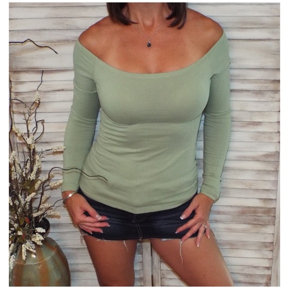 Off Shoulder Form Fitting Top Sage Green 1318 - Picture 1 of 5